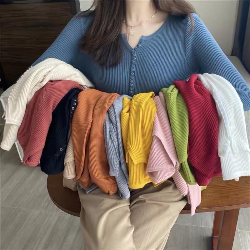 VN205 Áo len tăm nữ dài tay đính cúc ngực điệu đà dễ phối đồ chất mềm mại hàng Quảng Châu