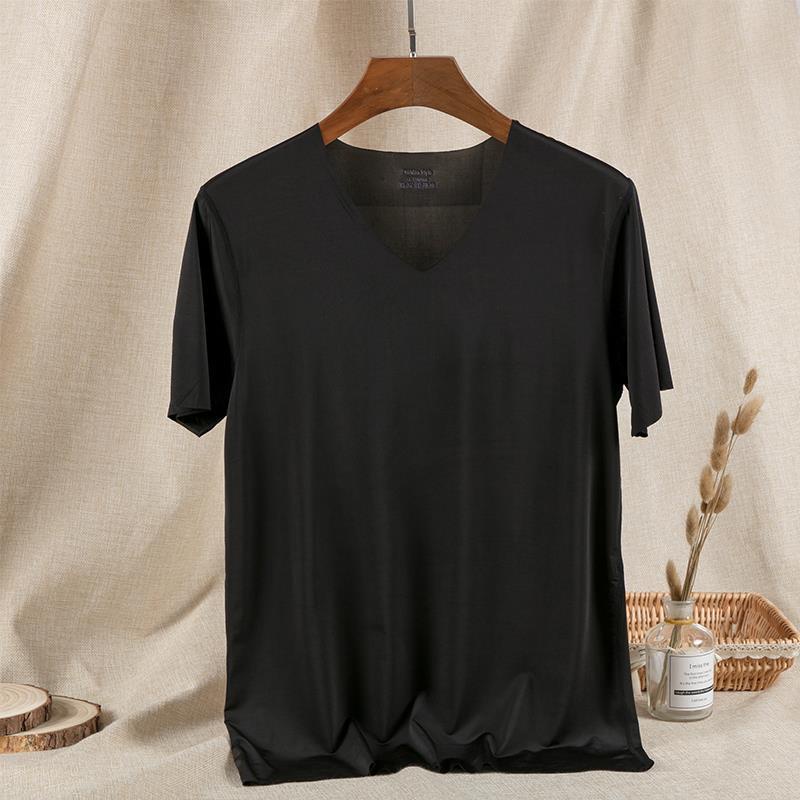 Áo Thun Lụa Lạnh Siêu Mỏng Co Giãn Tay Ngắn Có Size Lớn Màu Đen Cho Nam