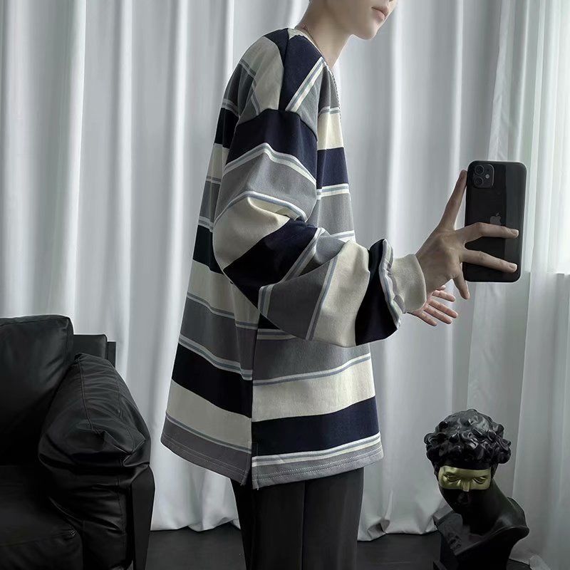 Áo Thun Nam Tay Dài Dáng Rộng Họa Tiết Sọc Phong Cách Hàn Quốc