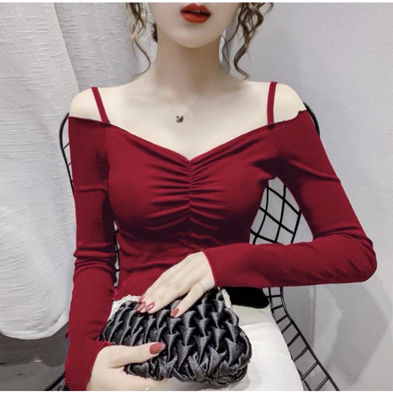 Áo trễ vai tay dài 2dây nhúng ngực