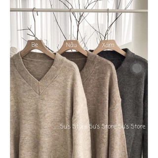 Áo len lông thỏ cổ tim dáng rộng ulzzang - Áo len trơn mịn cổ V nhiều màu