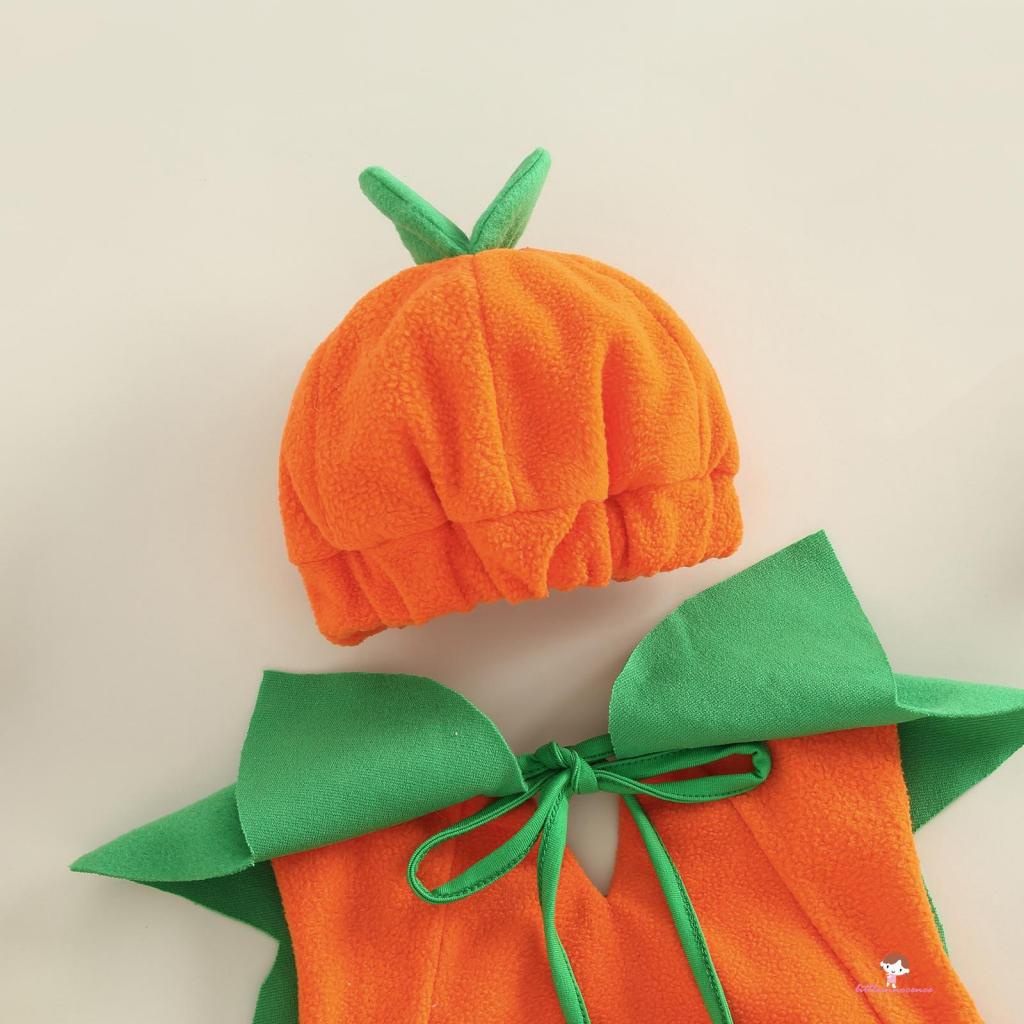 Set Áo Liền Quần + Mũ + Giày Không Tay Hình Bí Ngô Cho Bé