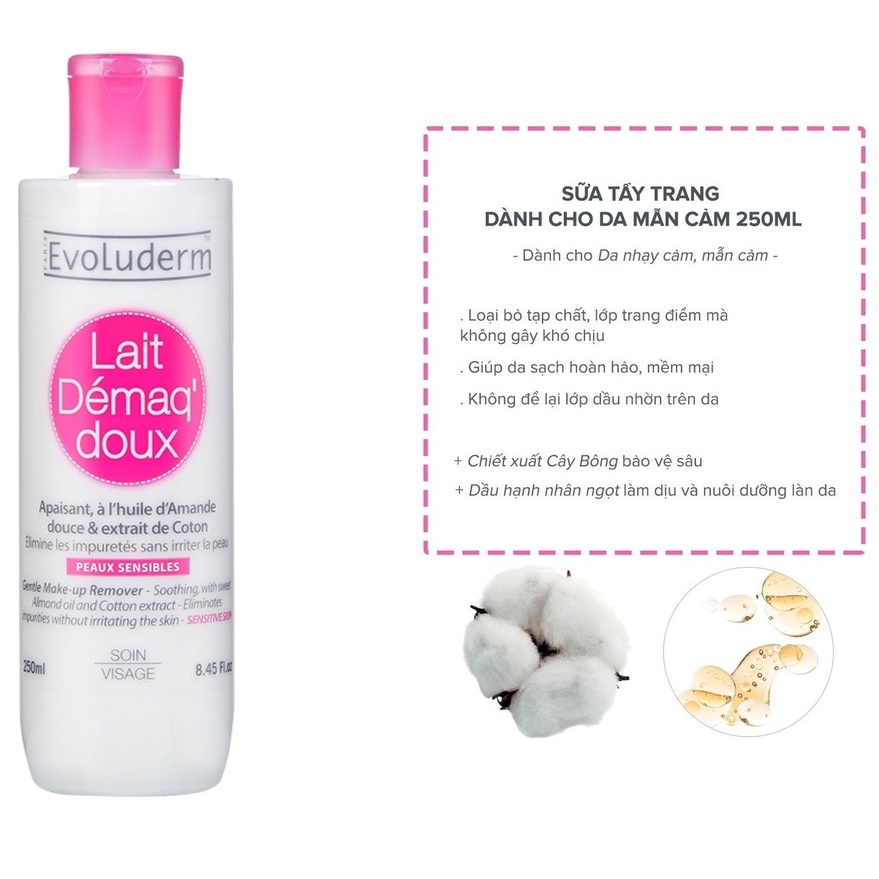 Sữa tẩy trang EVOLUDERM 250ml Gentle Make-up Remover tẩy trang dịu nhẹ cho da thường và da nhạy cảm