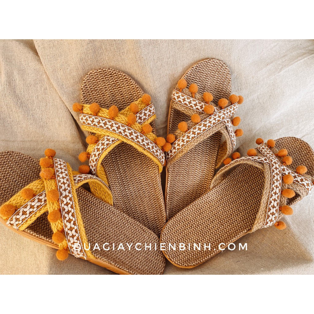 Dép Cói Quai Chéo Tua Rua Làm Thủ Công, Dép Đi Biển