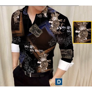 Áo Sơ Mi Đen Nam Họa Tiết 3D chữ mylife ÁoSơMi Nam Tay Dài Áo Sơ Mi Nam Hàn Quốc bosi