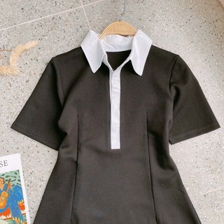 Đầm polo đen viền cổ trắng