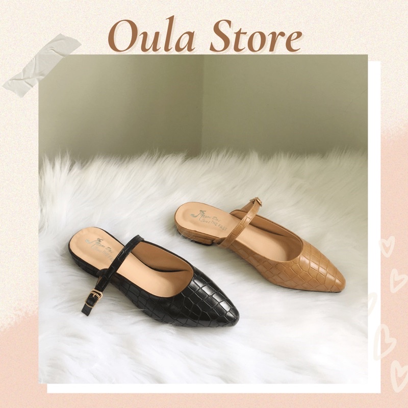 Giày sục nữ gót thấp da rắn thiết kế quai ngang có khoá 2 màu thời trang nữ , SB28 Oula Store