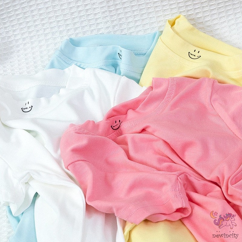 Áo Thun Tay Ngắn Màu Sắc Trơn Thời Trang Mùa Hè Hàn Quốc Dành Cho Bé Gái