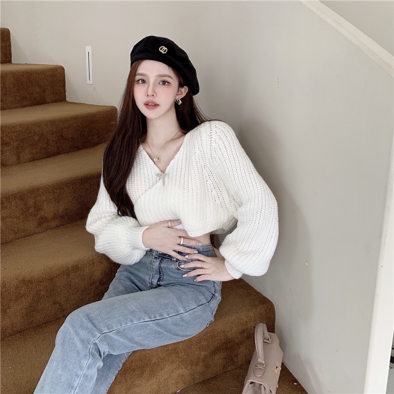 Áo kiểu tay dài phồng cổ chữ V form rộng thời trang mùa thu dễ phối đồ