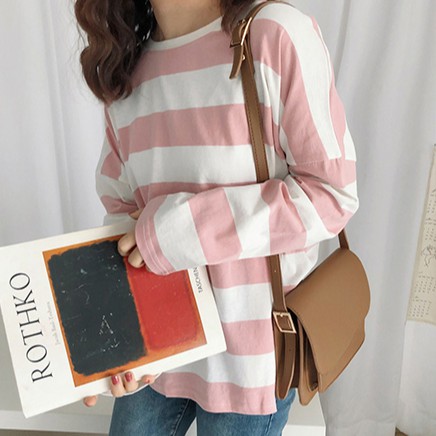 Áo thun tay dài dáng rộng họa tiết sọc thời trang Hàn Quốc cho nữ | BigBuy360 - bigbuy360.vn