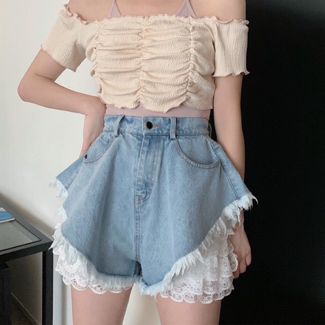Quần đùi jean phối ren ( kèm hình thật)