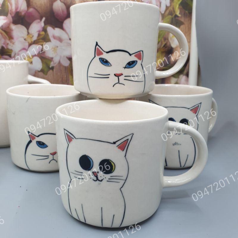 Cốc sứ cốc uống nước có quai vẽ mèo dễ thương - Cốc mèo 280ml và 350ml - Gốm sứ Bát tràng Việt Nam