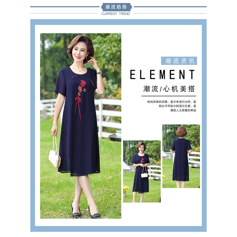 Đầm Dài Qua Gối Tay Ngắn Màu Xanh Navy Phong Cách Phương Tây Thời Trang Mùa Hè Cho Phụ Nữ Trung Niên 2022