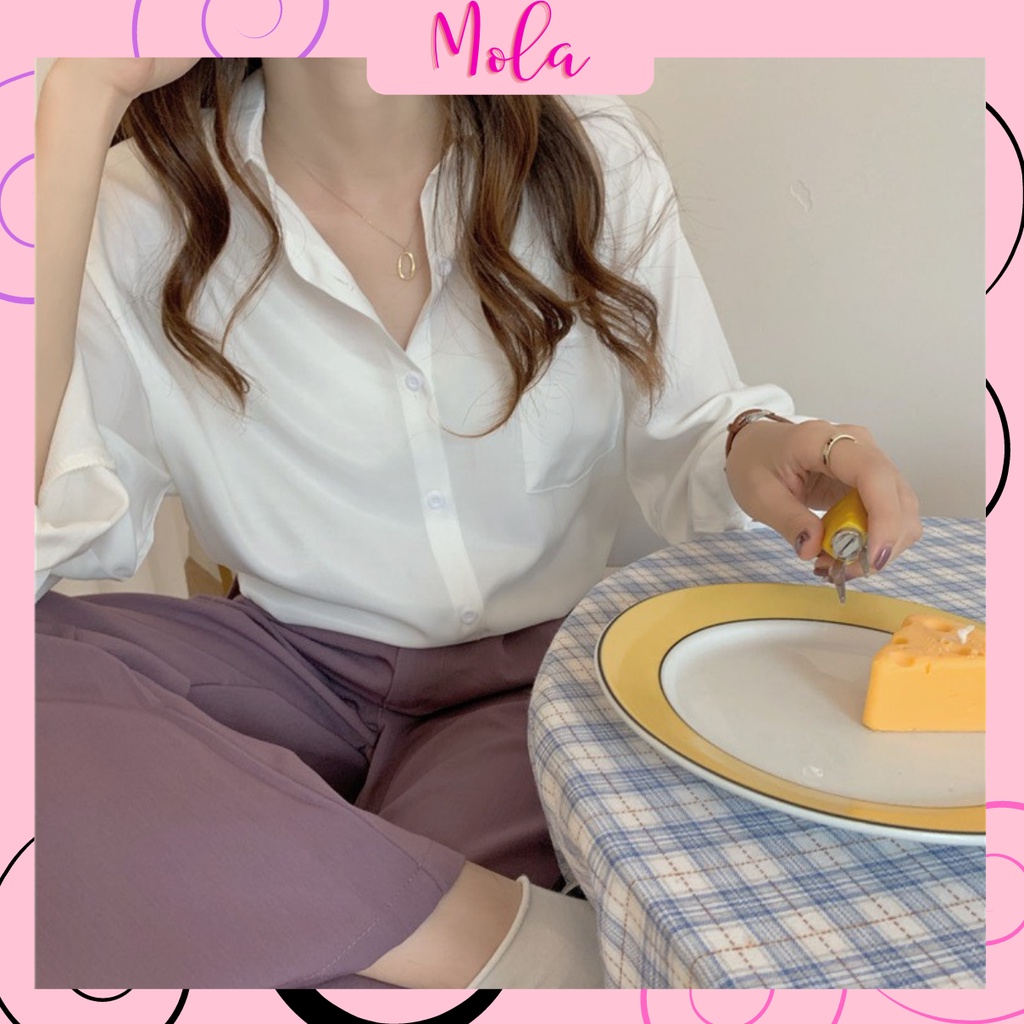 Áo Sơ Mi Form Rộng  MOLA  Màu Trắng Dáng Dài 1 Túi Kiểu Hàn Quốc Vintage Ulzzang Tiểu Thư Bánh Bèo Chất Đũi