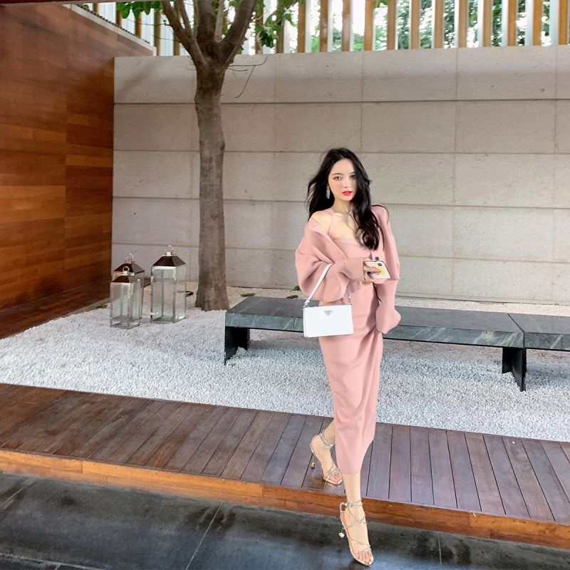 Set đầm hai dây và áo khoác dệt kim dáng dài thời trang mùa thu dành cho nữ 2021