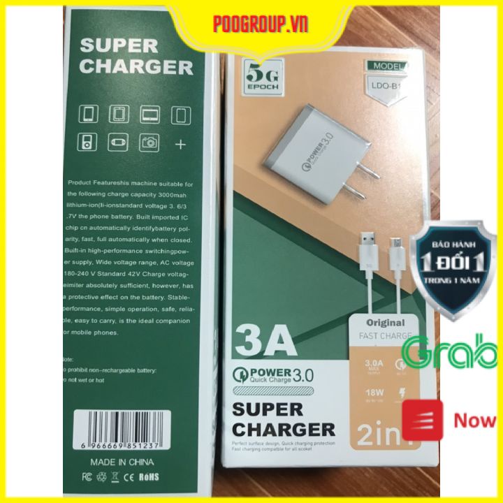 2 in 1 bộ cóc cáp sạc nhanh 3A / 5G chính hãng Mobox B14 chuẩn QC 3.0 18w poogroup