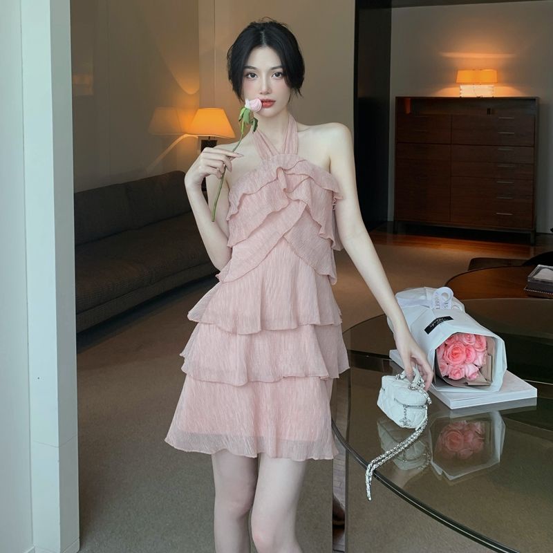 Đầm Voan Xếp Tầng Cổ Yếm Phong Cách Retro Quyến Rũ 2022 Dành Cho Nữ