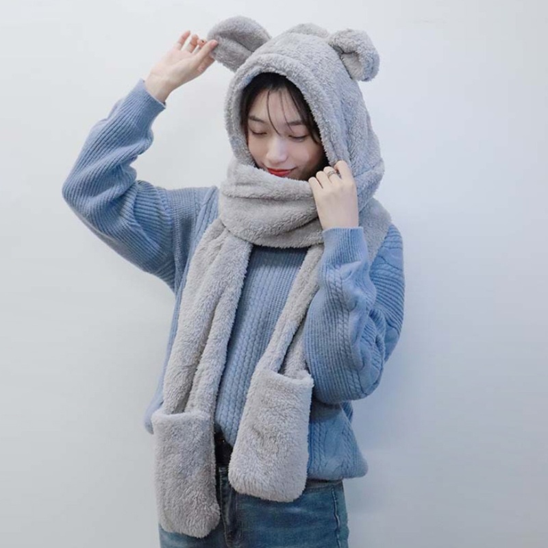 Khăn Choàng Lông Có Mũ Tai Gấu 3 Trong 1 Cho Nữ