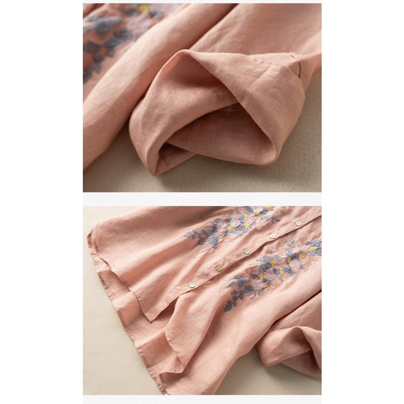 Áo Sơ Mi Cotton Lanh Tay Lửng Thêu Họa Tiết Dân Tộc Phong Cách Retro Mẫu Mới 2022 M-4xl Dành Cho Nữ