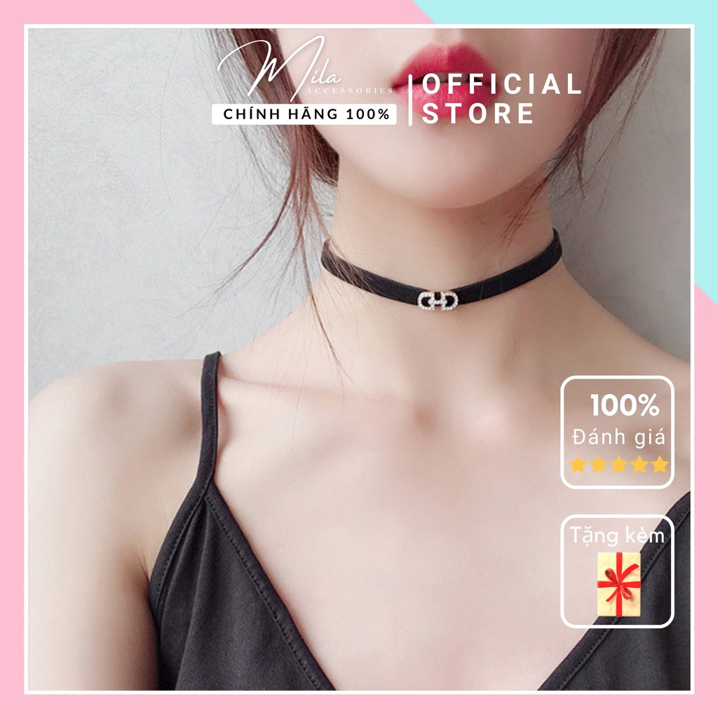 Vòng cổ nữ choker đẹp titan MILA V107 ❤️HOT TREND❤️ dây đen huyền bí mặt titan đính đá trắng cao cấp Mila Accessories