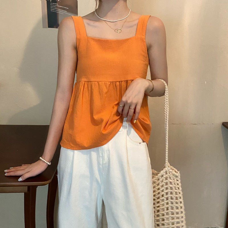 Áo Tank Top Sát Nách Cổ Vuông Dáng Rộng Màu Trơn Phối Dây Buộc Sau Lưng Kiểu Hàn Quốc Thời