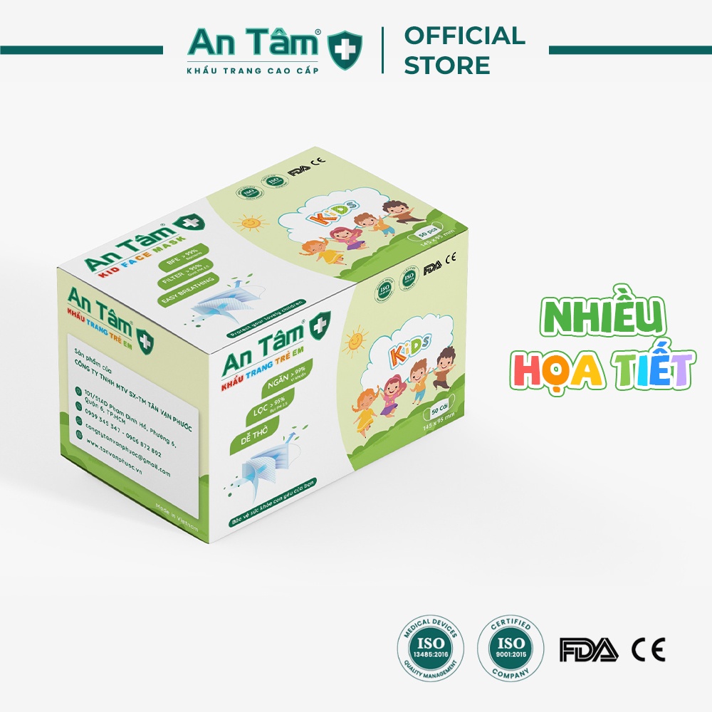 Khẩu trang y tế cho bé  in HỌA TIẾT 3 lớp Giấy Kháng Khuẩn & Vải Không Dệt - Chính Hãng AN TÂM - Hộp 50 cái | BigBuy360 - bigbuy360.vn