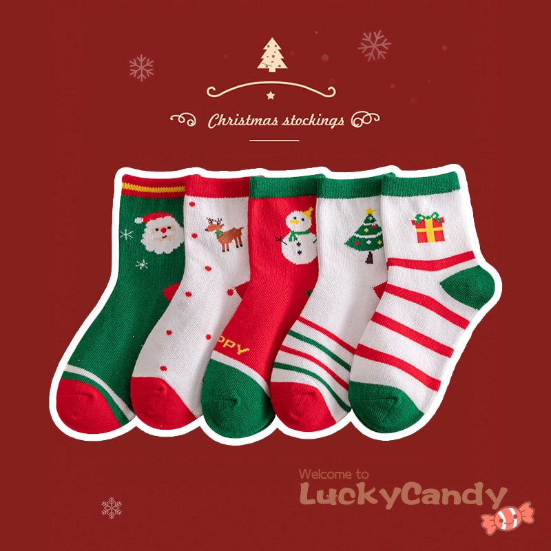 Luckycandy Set 5 Đôi Vớ Cotton Họa Tiết Giáng Sinh Đáng Yêu Dành Cho Các Bé 1-12 Tuổi