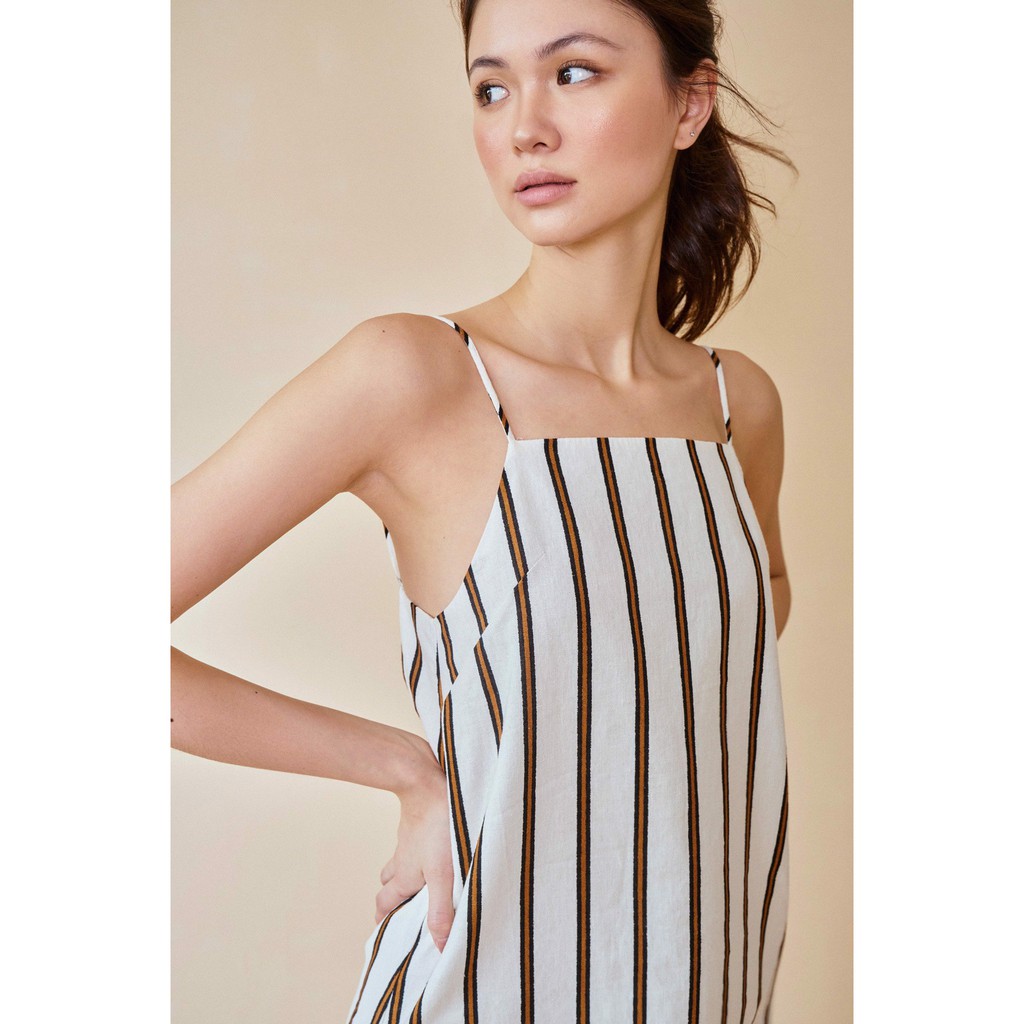 LIBÉ - Đầm 2 dây cổ ngang vải linen sọc đen
