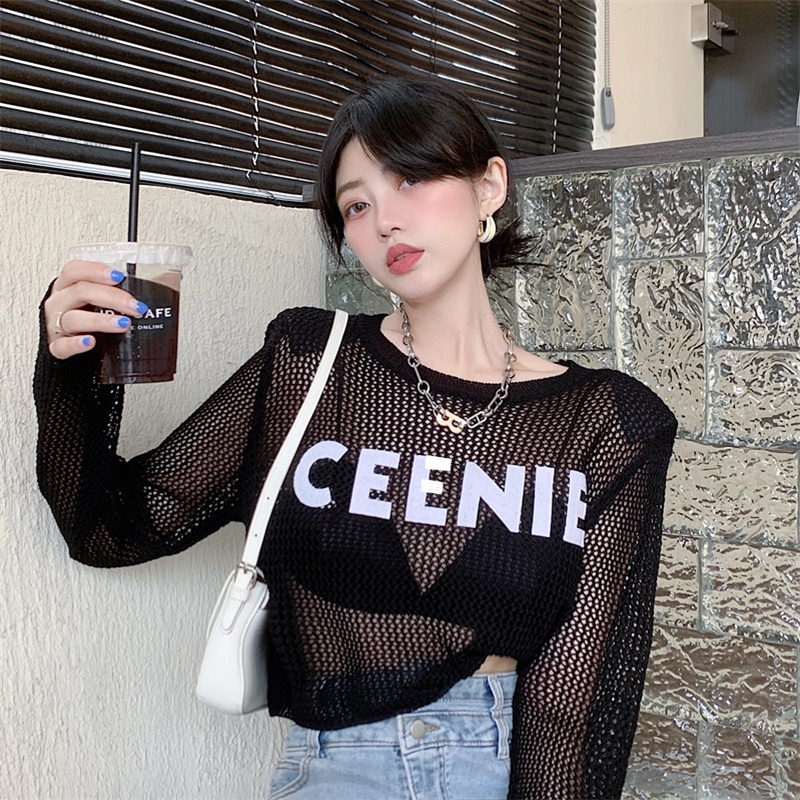 QKOOLE Áo đan len tay dài in họa tiết đơn giản phong cách Hàn Quốc thời trang cho nữ