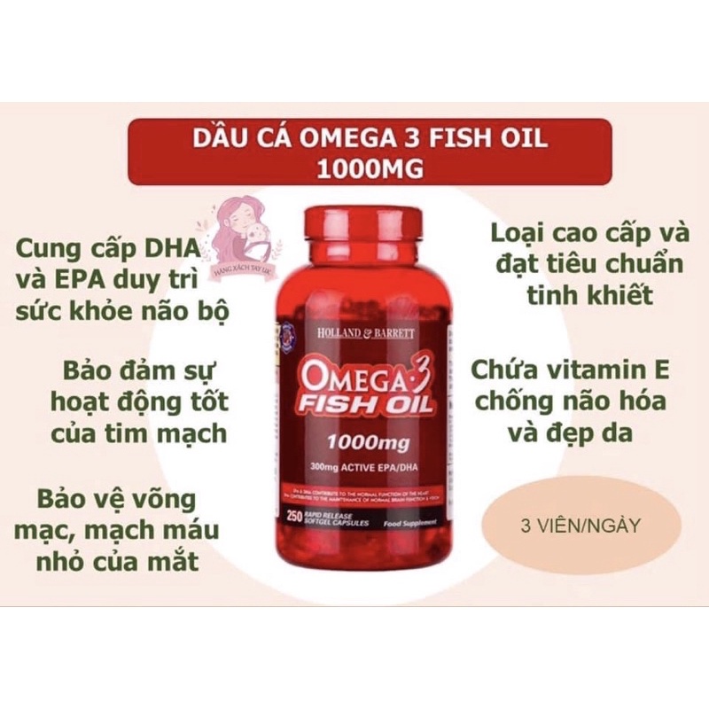 DATE 2025 Dầu cá Omega 3 Dầu cá số 1 UK Holland & Barrett Omega-3 Fish Oil Đẹp Da, Sáng Mắt, Tốt Cho Tim Mạch 250 Viên