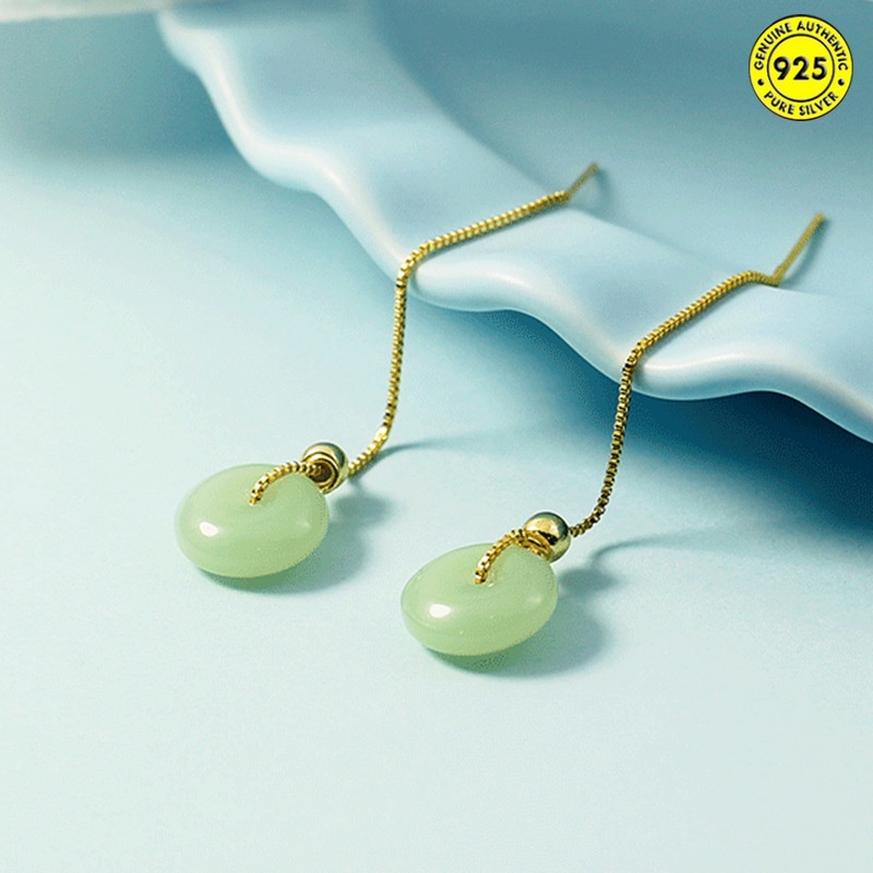 Hoa tai dáng dài đính ngọc bích phối tua rua thời trang cho nữ