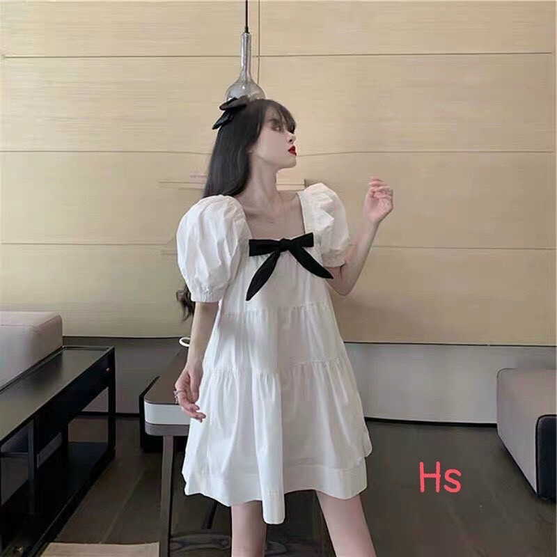 Đầm váy trắng dáng xòe cổ vuông thắt nơ siêu dễ thương, thời trang nữ dạo phố, dự tiệc