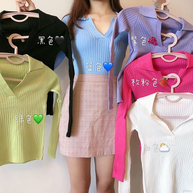 Áo Thun Dệt Kim Tay Dài Cổ Bẻ Màu Trơn Phong Cách Hàn Quốc Thời Trang Sành Điệu