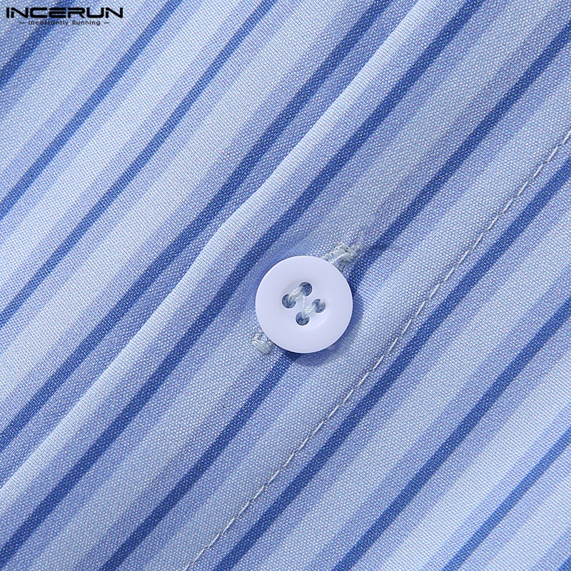 Áo sơ mi INCERUN cổ bẻ tay ngắn dáng rộng họa tiết kẻ sọc thời trang mùa hè cho nam