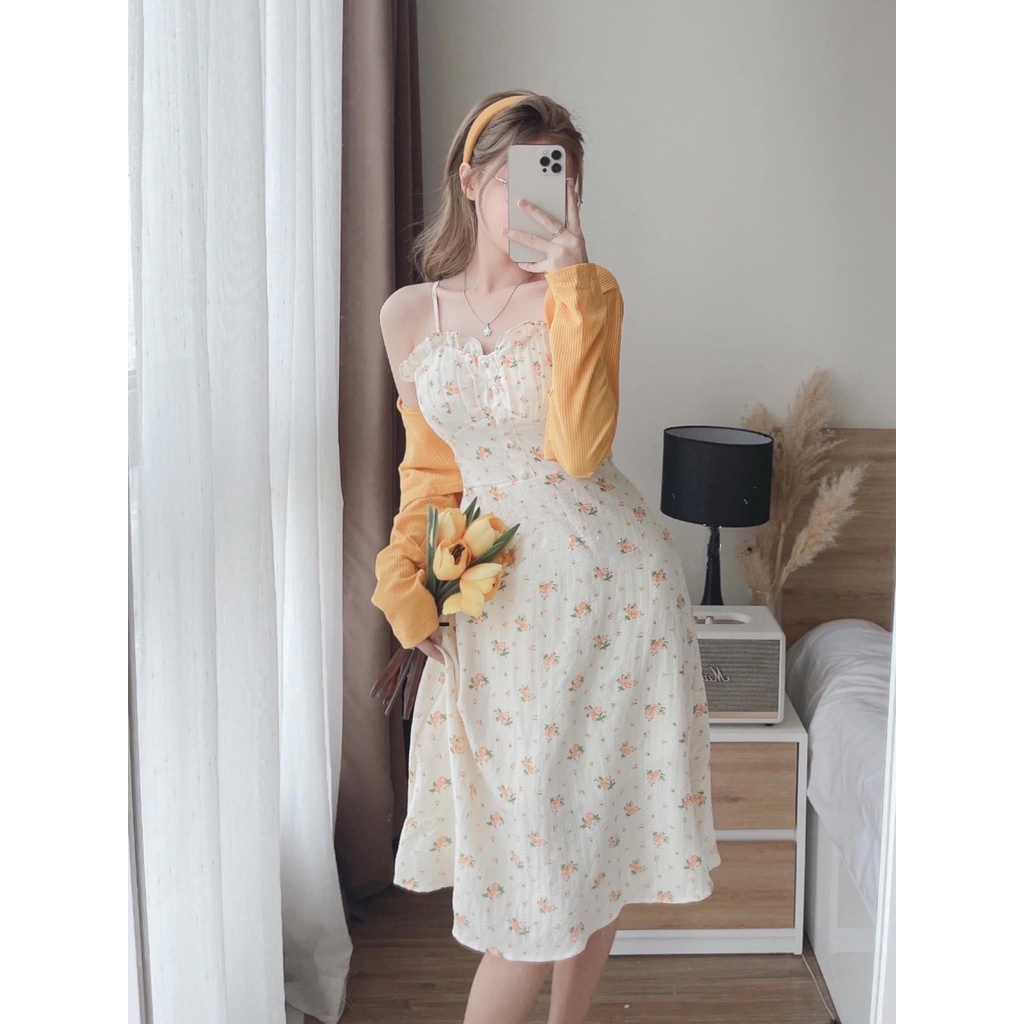 Đầm Hai Dây Hoa  Kết Hợp Áo Khoác Cadigan Len Xốp Cùng Màu HT50 HaLuu Store Thích Hợp Cho Nữ