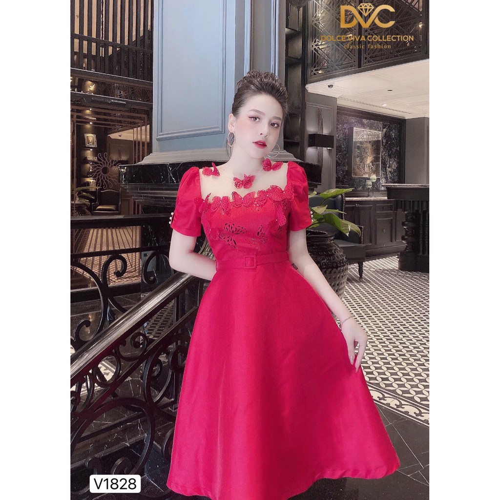 Váy đỏ xòe V1828 - Đẹp Shop DVC - Kèm ảnh thật trải sàn do shop tự chụp