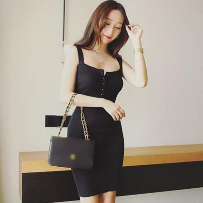 Đầm Mini Hai Dây Dệt Kim Ôm Dáng Màu Trơn Cài Nút Thời Trang Mùa Hè Xinh Xắn Cho Nữ