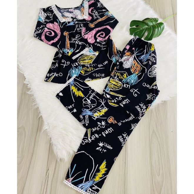 Bộ tole tay dài quần dài mặc nhà phối ren xinh xắn