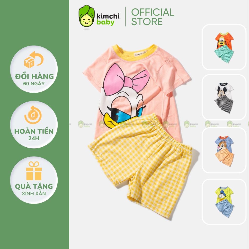 Đồ Bộ Bé Gái, Bé Trai Minky Mom Vải Thun Lạnh Hoạ Tiết Hoạt Hình Quần Caro, Bộ Cộc Tay Mặc Nhà Cho Bé MKM2241