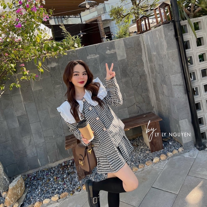 Set Dạ Kẻ Đen Trắng Cổ Bèo Tiểu Thư (Hình thật) Set Dạ Hàn Quốc Chân Váy Xếp Li