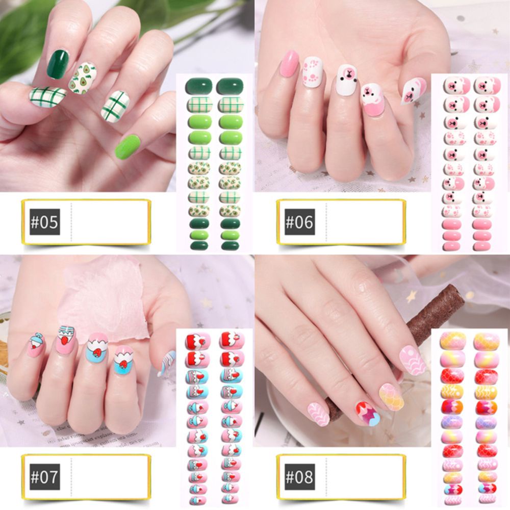 [Hàng mới về] Set 24 móng tay giả họa tiết hoạt hình nhiều màu sắc có thể tháo rời trang trí cho bé gái DIY