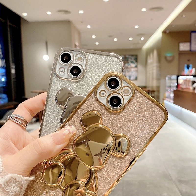 Ốp Điện Thoại Silicon Mạ Viền Họa Tiết Gấu Lấp Lánh Sang Trọng Cho iPhone 13 12 11 Pro Xs Max X Xr 8 7 Plus SE 2020