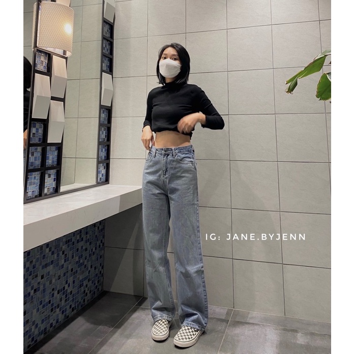 Quần Blue straight jeans suông cạp cao