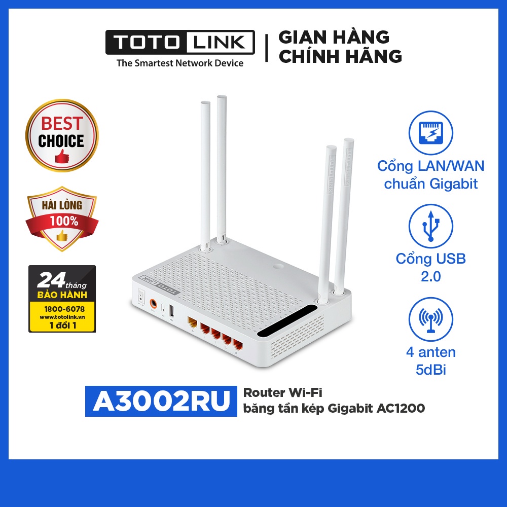 Bộ phát wifi Totolink A3002RU băng tần kép, cổng LAN Gigabit