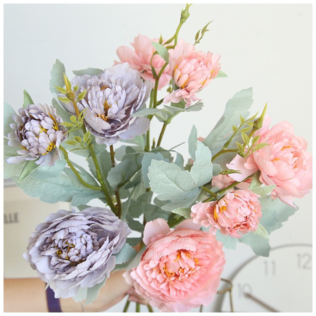 Giá sỉ-Hoa hồng mẫu đơn cao cấp loại 1-Hoa giả-Hoa lụa-Cành 3 bông 1 nụ size 65,5cm