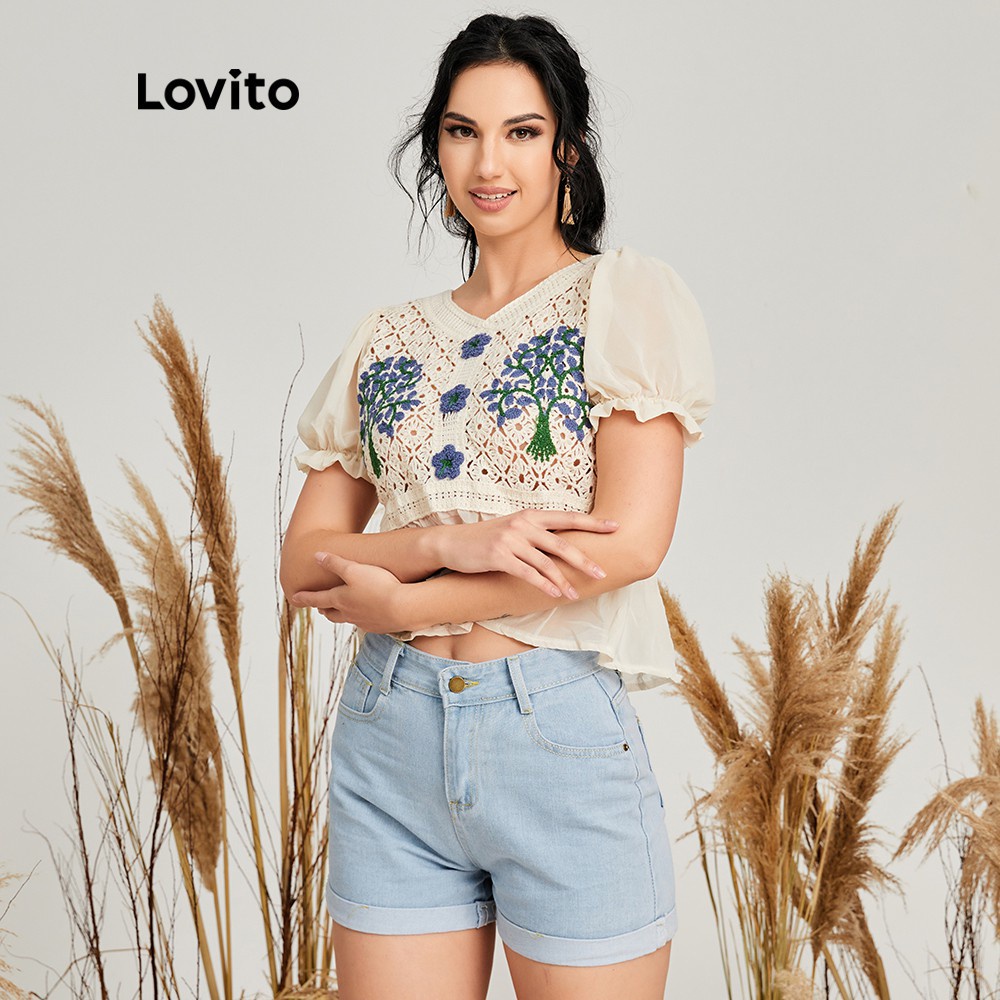 Áo Lovito phối ren màu tương phản khoét rỗng in hoa dễ thương L14X059 (màu trắng) | WebRaoVat - webraovat.net.vn