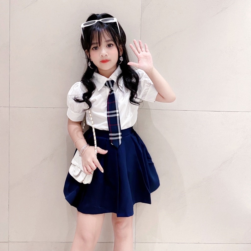 Set áo Sơmi Gile Vec kèm Calavat Quần váy xoè đi học cho bé gái size đại 15-40kg hottrend