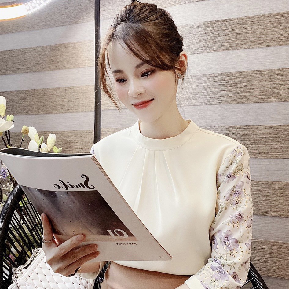 Áo công sở nữ chất mát mịn chiffon mầu be nữ tính, thanh lịch, áo kiểu nữ công sở cổ trụ vải đẹp chất mát thời trang