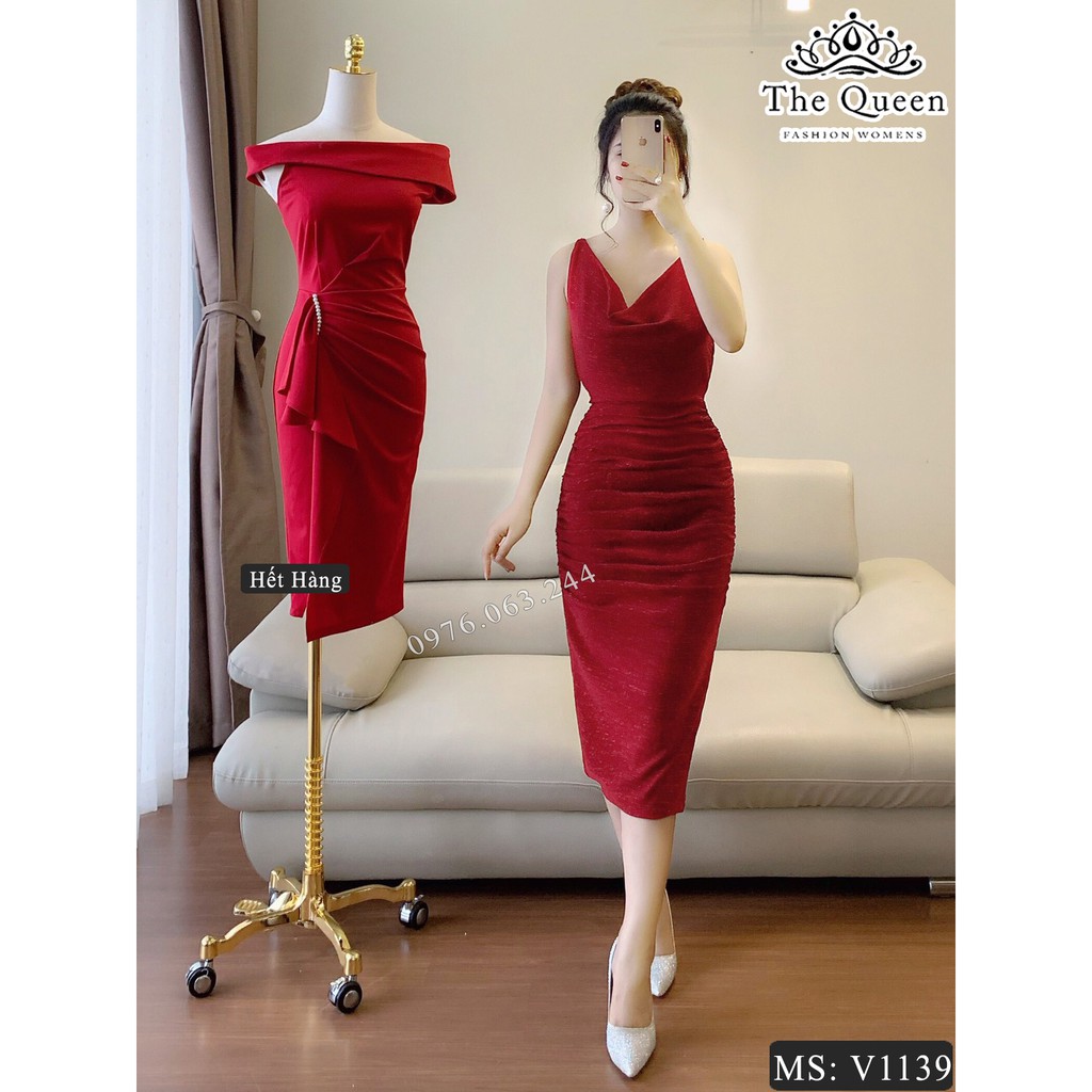 Đầm body nhũ ánh kim V1139 màu đỏ 2 dây cổ đổ - The Queen Fashion