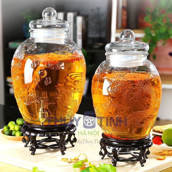 Bình thủy tinh ngâm rượu hình chum họa tiết Rồng Phượng 6 lít, 10 lít, 15 lít, 25 lít, 30 lít có vòi hoặc không vòi
